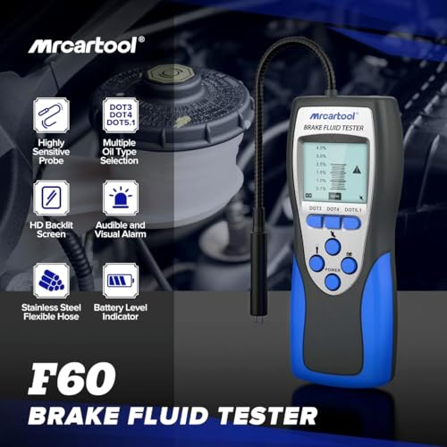 Mrcartool Brake Fluid Tester with Sensitive Probe, Digital Brake Fluid Detector Moisture Detecter for DOT3 DOT4 DOT5.1, High Precision Brake Fluid Liquid Tester with 2.8" LCD Display & 9.8in Hose - size: F60 Tester