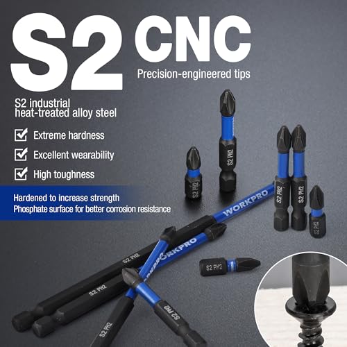 WORKPRO 12pcs PH2 Impact Phillips Screwdriver Bit Set, S2 Professional CNC Anti-Slip Magnetism Bits, 1/4" Hex-Shank #2 Phillips Impact Driver Bits, 1-6" Long Impact Screwdriving Bits with Holder - size: 1 in&2 in&4 in&6 in
