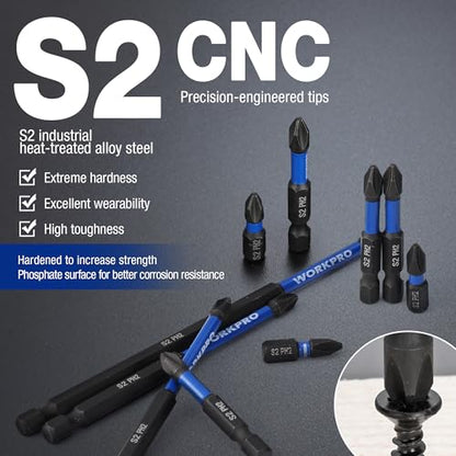 WORKPRO 12pcs PH2 Impact Phillips Screwdriver Bit Set, S2 Professional CNC Anti-Slip Magnetism Bits, 1/4" Hex-Shank #2 Phillips Impact Driver Bits, 1-6" Long Impact Screwdriving Bits with Holder - size: 1 in&2 in&4 in&6 in