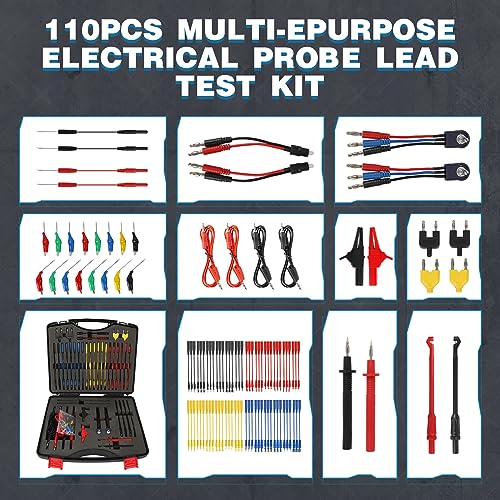 110PCS Automotive Test Lead Kit, AES Wave Multimeter Lead Kit with Back Probes, Piercing Clips & Alligator Clips, Multi-Function Diagnostic Tools for Cars, Trucks & EVs, with Carrying Case - color: Black