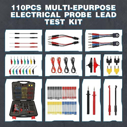 110PCS Automotive Test Lead Kit, AES Wave Multimeter Lead Kit with Back Probes, Piercing Clips & Alligator Clips, Multi-Function Diagnostic Tools for Cars, Trucks & EVs, with Carrying Case - color: Black