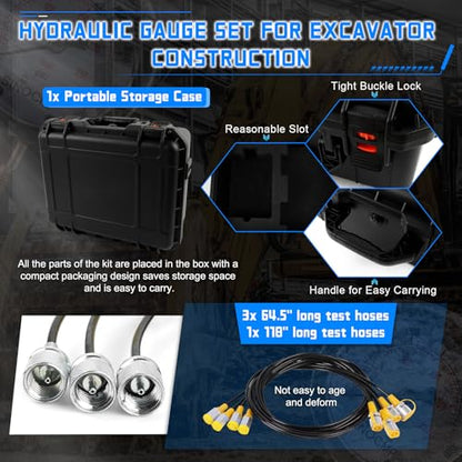 Hydraulic Pressure 3 Gauges(25/40/60MPa) Test Kit with 4 Test Hoses & 14 Straight Connectors & 19 Tee Connectors for Construction Machinery Excavator(Black) - size: Black 3 Gauges 14 Connectors 19 Tee Connectors