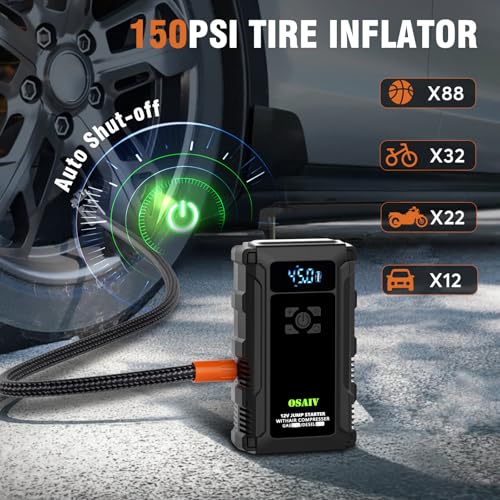 Jump Starter with Air Compressor, 3000A Car Battery Jump Box for 8.5 Gas/6.5L Diesel Vehicles, 150PSI Tire Inflator Auto-Shutoff, 10 Safety Modes, 3-Mode Emergency Light