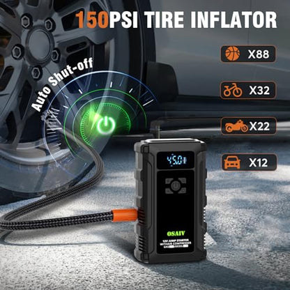 Jump Starter with Air Compressor, 3000A Car Battery Jump Box for 8.5 Gas/6.5L Diesel Vehicles, 150PSI Tire Inflator Auto-Shutoff, 10 Safety Modes, 3-Mode Emergency Light