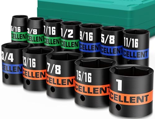 12 Pieces 3/8-Inch Drive Impact Socket Set, 5/16" to 1" Shallow Socket, 6 Point SAE Sockets for Automotive Repair, Equipment Maintenance - size: 3/8 Inch SAE