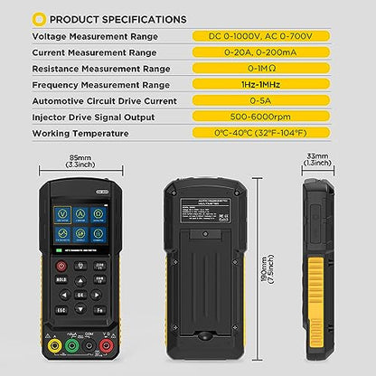DM303 Automotive Oscilloscope Multimeter, 3-in-1 Handheld Scope with K/CAN Bus Reader, Injector Cranking Relay Test, 500KHz True RMS Diagnostic Tool