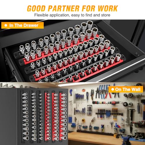 GOOACC Magnetic Socket Organizer 1/4" 3/8" 1/2" Socket Holder Set with 80 360° Swivel Clips Heavy Duty Aluminum Socket Rail Organizer for Tool Box Drawer, 6 Pieces Magnetic Drive Socket Rails Holders - size: Rail Magnetic 6PC 1/4"3/8"1/2" Red Black