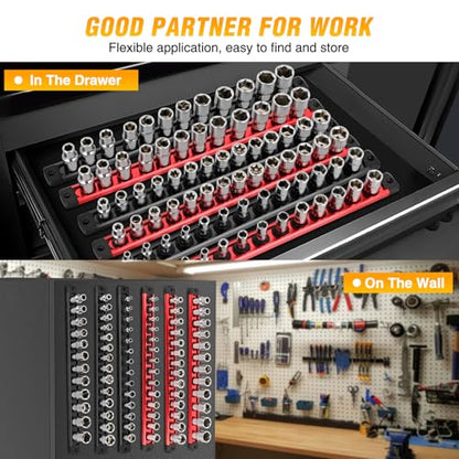 GOOACC Magnetic Socket Organizer 1/4" 3/8" 1/2" Socket Holder Set with 80 360° Swivel Clips Heavy Duty Aluminum Socket Rail Organizer for Tool Box Drawer, 6 Pieces Magnetic Drive Socket Rails Holders - size: Rail Magnetic 6PC 1/4"3/8"1/2" Red Black