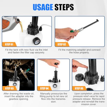 Transmission Fluid Transfer Pump Kit, 3L Manual Refill System with Pressure Gauge - 8pcs ATF Adapters, Premium Professional Automotive Fluid Filler & Oil Change Tool for Transmission Service