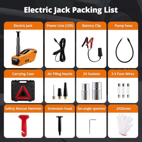 Electric Car Jack Kit 5 Ton 12V Cordless Hydraulic Floor Jack with Remote Control & Tire Inflator – Portable Emergency Lifting Kit for SUV, Sedan, Truck, Lifting Height 4.7-18 Inch
