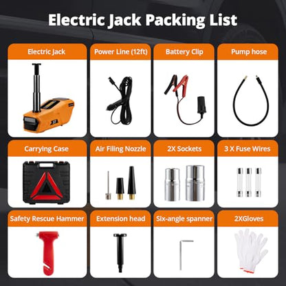 Electric Car Jack Kit 5 Ton 12V Cordless Hydraulic Floor Jack with Remote Control & Tire Inflator – Portable Emergency Lifting Kit for SUV, Sedan, Truck, Lifting Height 4.7-18 Inch