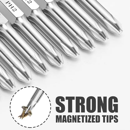 Phillips #2 Bit Set(10-Pack 2 Inch), 1/4 Inch Hex Shank S2 Steel Magnetic PH2 Screwdriver Power Bits - style: PH2