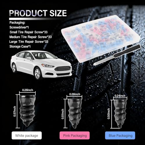 100PCS Car Screw in Tire Plug Kit with Screwdriver,3 Sizes of Car Screw Tire Plugs as Tires Repair Kit for Repair Work,Self-Service Tubeless Tires Repairs Screws Kits