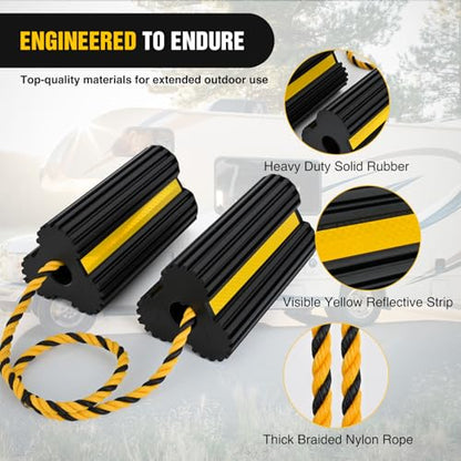 Nilight Wheel Chocks RV Car Heavy Duty Rubber Tire Chock Blocks Stopper Yellow Reflective Strips Stabilizer 4 Pack with Rope for RVs Cars Travel Trailers Campers Trucks Motorcycle Accessories Parking - size: 4 Pack Wheel Chocks