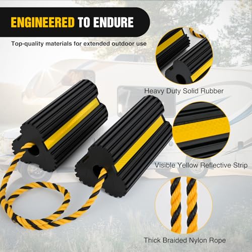 Nilight Wheel Chocks RV Car Heavy Duty Rubber Tire Chock Blocks Stopper Yellow Reflective Strips Stabilizer 2 Pack with Rope for RVs Cars Travel Trailers Campers Trucks Motorcycle Accessories Parking - size: 2 Pack Wheel Chocks