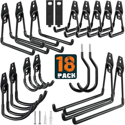 HUPBIPY 18 Pack Garage Hooks Heavy Duty, Wall Mount Ladder Hooks | Storage Organizer With a non-slip coating for Hanging Bicycles Garden Tools Ladders Hoses Ropes and Loose Items(Black) - color: 18 Pack Black