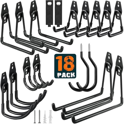 HUPBIPY 18 Pack Garage Hooks Heavy Duty, Wall Mount Ladder Hooks | Storage Organizer With a non-slip coating for Hanging Bicycles Garden Tools Ladders Hoses Ropes and Loose Items(Black) - color: 18 Pack Black