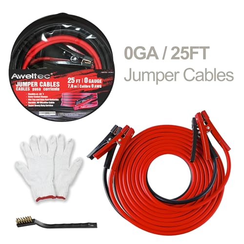 Heavy Duty Jumper Cables,0 Gauge 25 Feet Booster Battery Cable,Automotive Wires with Alligator Clips,600D Fabric Carrying Bag,Safety Gloves and Iron Brush for Cars Truck - size: 0 Gauge 25 feet (Standard)