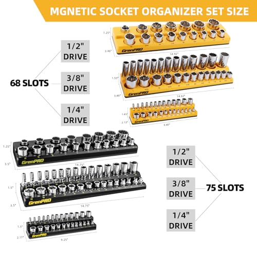 GRENPRO Socket Organizer for Tool Box Drawer, 6pc 143 Metric & SAE Magnetic Socket Holder, 1/4", 3/8", 1/2" Drive Socket Tray Set, Magnetic Socket Organizer - style: 6-Piece Magnetic Socket Holder