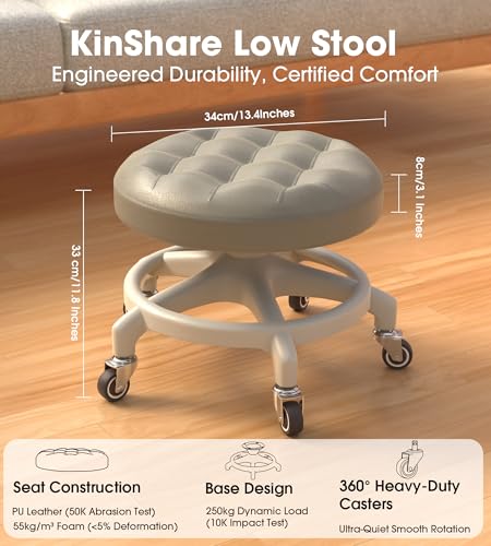 Upgraded Low-Profile Rolling Stool with 360° Smooth Rubber Wheels – Heavy-Duty 450lbs, Puffed PU Seat & Anti-Tip Base | Ideal for Home, Office, Salon, Workshop, Mechanic, Garage, Grey - style: Puffed Grey Seat White Frame
