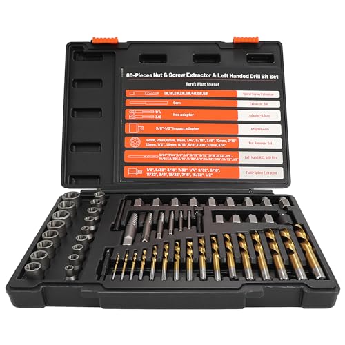 56Pcs Spiral Screw Extractor Set, Left Hand Drill Bit Set Easy Out | Bolt Extractor Set Hex Adapter, Multi-Spline Lug Nut Remover for Stripped, Rounded, Damaged, Broken Studs Bolts Screws - size: 56pcs