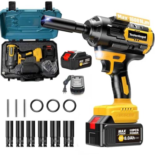 1600Nm Impact Wrench, 1/2" 1180ft-lbs Cordless Impact Gun with 1 x 8.0Ah Battery, 21V High Torque Power Impact Driver with 6 Sockets， Pistola Llave De Impacto for Truck RV Car Heavy Construction