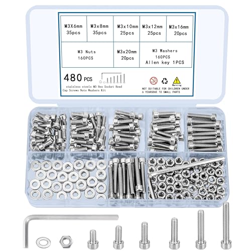 480 Pcs M3 Screws and Nuts and Washers Set, Hex Socket Head Cap Screws Nuts Washers Kit, Metric Bolts and Nuts Kit, Stainless Steel Machine Screws Assortment Kit, Fully Threaded Hex Nuts - size: M3