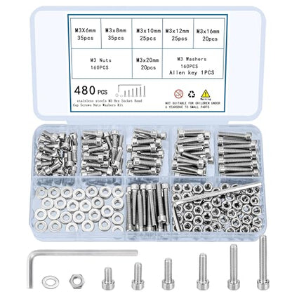 480 Pcs M3 Screws and Nuts and Washers Set, Hex Socket Head Cap Screws Nuts Washers Kit, Metric Bolts and Nuts Kit, Stainless Steel Machine Screws Assortment Kit, Fully Threaded Hex Nuts - size: M3