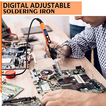Soldering Iron Kit, 90W Soldering Iron LCD Adjustable Temperature, 13 in 1 Soldering Welding Iron Gun Kit with 5 Tips, Flux, Desoldering Pump, Stand, Tweezers, Wire Cutter, Solder Wire, Sponge, 110V | 5 soldering tips, desoldering pump, soldering iron sta