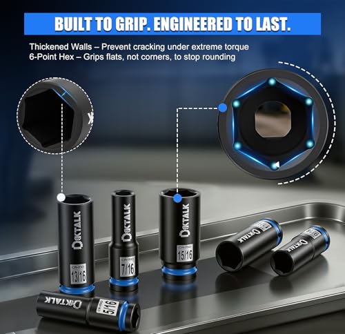 11PCS 1/2“ Drive Impact Deep Socket Set SAE (5/16″-15/16″) 6-Point CR-MO | Deep Well Socket Set for Impact Wrench, Heavy Duty Automotive & Machinery Repair - size: 11PCS SAE