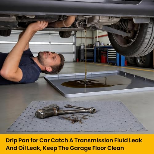 8 Pcs Oil Drip Pan For Under Car Set,With Raised Edge,and 5 Large Oil Absorbent Pads, Storage Pouch & Gloves, Waterproof No Splatter Reusable Oil Tray,27 X 27 In Oil Spill Mat For Garage Floor