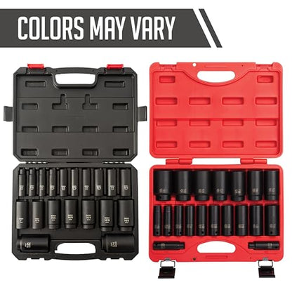 SUNEX TOOLS 2641, 1/2 Inch Drive Deep Impact Socket Set, 19-Piece, SAE, 3/8" - 1-1/2", Cr-Mo Alloy Steel, Radius Corner Design, Dual Size Markings, Heavy Duty Storage Case