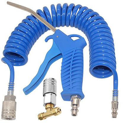 Air Blow Gun kit High Flow with 8mm OD 16ft Long Coil PU Air Hose Air Duster Blow Gun Kit Tee Quick Connector(Blue) - color: Blue