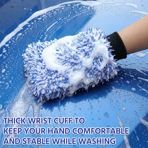 4 Pack Microfiber Car Wash Mitts Set 10x7 Inch Soft Suede Lining Car Wash Gloves, Highly Absorbent Scratch-Free Cleaning Cloths for Auto Detailing, Safe with All Soaps, Bucket (Blue) - color: Blue