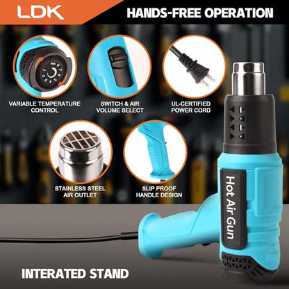 LDK Heat Gun, 140°F~1100°F Variable Temperature Control Heating Gun, 1.5s Fast Heating Heavy Duty Hot Air Gun Kit with 4 Nozzles for Crafting Shrink Tubing Vinyl Wrap - color: Blue 2000w
