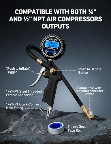 AstroAI Digital Tire Pressure Gauge with Inflator, 3-250 PSI Air Chuck & Compressor Accessories Heavy Duty with Quick Connect Coupler, 0.1 Display Resolution, 2Pack Standard - size: 2 Pack Standard, style: without case