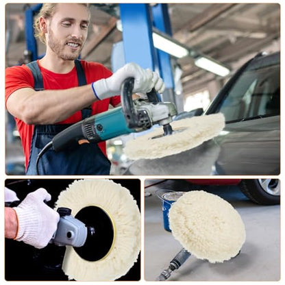 Tallew 6 Pcs 7 Inch Wool Polishing Pad Hook Loop Buffing Pad for Drill Curved Edge Compound Cutting Tool Drill Polisher Attachment Wheel Polish Kit Car Body Repair Buffing - size: 7 Inch