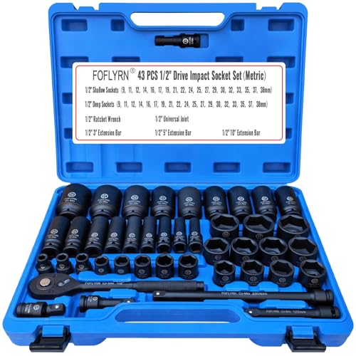 1/2" Drive Impact Socket Set,6-Point Metric Socket Set (9-38mm),43PCS Cr-Mo Material High Durability Deep Socket Set with Ratchet Wrench,Universal Joint，Extension Bar and Storage Case. - style: 1/2" 43PCS Metric Cr-Mo