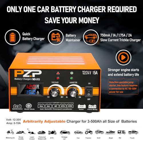 12V 24V Manual Battery Charger Maintainer, 0 to 15A Arbitrarily Adjustable Car Battery Trickle Charger, Battery Desulfator with Repair, Winter Mode, Suitable for AGM Gel Deep Cycle Truck RV ATV - color: Orange