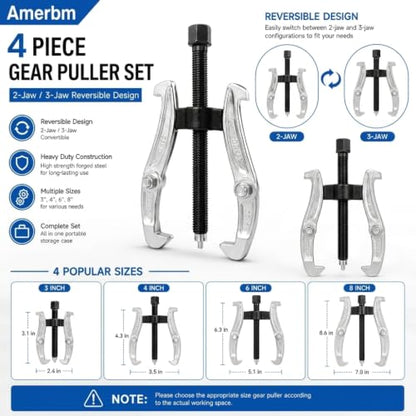 4-Piece Heavy Duty Gear Puller Set, 3" 4" 6" 8" 2 and 3 Jaw Pulley Puller Bearing Separator Kit, Professional Bearing Puller Kit & Gear Hub Pulley Puller Tool for VP44 Rusted Flywheels