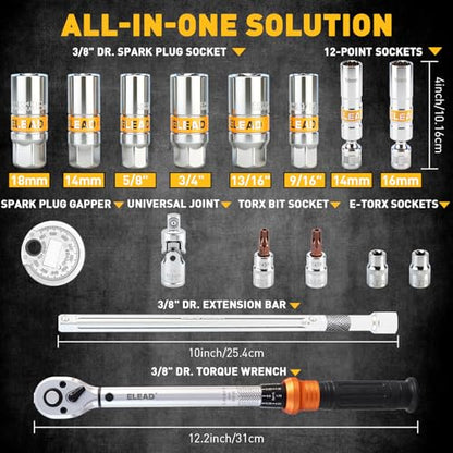 ELEAD 16-Piece Spark Plug Socket Set, 3/8" Drive Swivel Magnetic Spark Plug Removal Tool Kit with Torque Wrench (5–45 lb-ft), E-Torx & Torx Bit Sockets, Extensions & Universal Joint - size: 16-Piece Spark Plug Socket Set