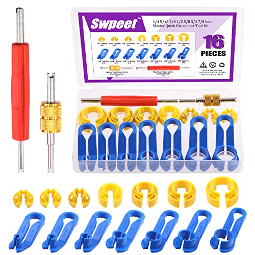 Swpeet 16Pcs Car Fuel Line Disconnect Removal Tool with Valve Core Remover Tool Kit, 1/4 5/16 3/8 1/2 5/8 3/4 7/8 Inch Air Conditioning Quick Disconnect Release Tool Kit Pipe for Auto Repair Tools