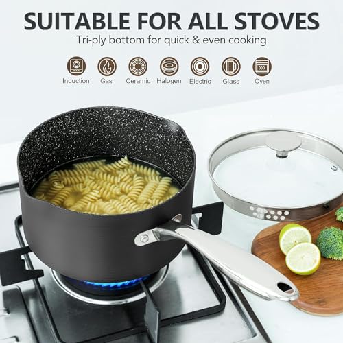 MICHELANGELO 3 Quart Saucepan with Lid, Hard Anodized Nonstick Sauce Pan with Strainer Lid & Pour Spouts for Easy Pour, Granite Derived Coating Sauce Pan for Cooking, Small Pot - 3 Qt Saucepan - size: 3 Quarts