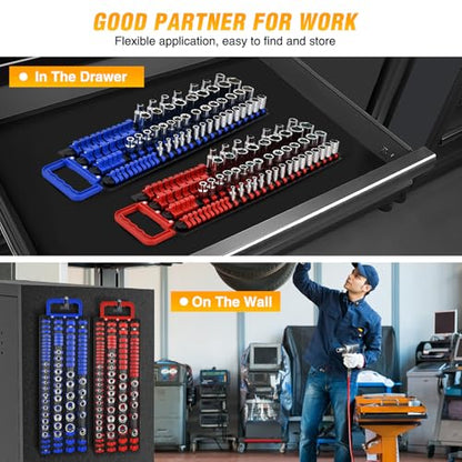 GOOACC Socket Organizer Tray 1/4 inch 3/8 inch 1/2 inch Socket Holder Portable Socket Rail Organizer Trays for Tool Box Drawer Holds 80-Piece SAE Metric Socket Sets, 1Pcs Set Black Rails Blue Clips - size: 1 Set Tray 1/4"3/8"1/2" Blue