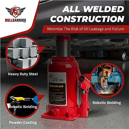 BullsArmor Hydraulic Bottle Jack - 20 Ton (40,000 lb) Capacity - Welded Heavy-Duty Design with Extended Pump Handle - Ideal for Cars, Trucks, RVs, and Industrial Use - Red - size: 20 Ton
