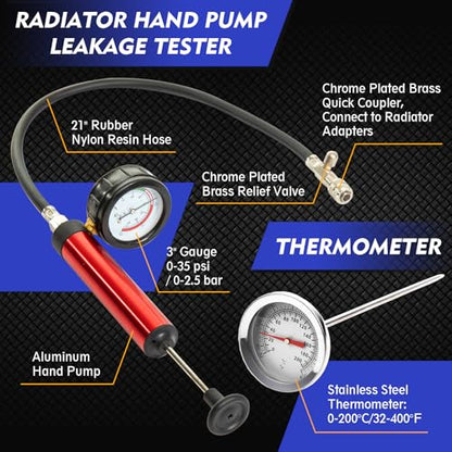 Coolant Pressure Tester Kit, Radiator Pump Pressure Tester with Vacuum Pump Vacuum Purge & Refill Tool, Automotive Cooling System Water Tank Leak Detection Tool (15 PCS)