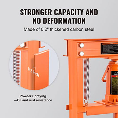VEVOR Hydraulic Shop Press, 12 Ton/26000lbs, H-Frame, 4-Hold Adjustable Height, with Movable Plates, for Garage or Professional Users, Orange - size: 12T