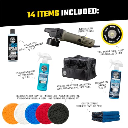 Chemical Guys, TORQX Dual Action Polisher Detailing Kit with Bag, 13-Piece | TORQX dual-action polisher with cutting, polishing and finishing pads in a range bag for paint correction - size: 14 ITEM KIT