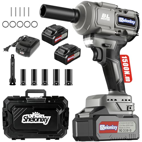 Cordless Impact Wrench 1/2 inch, impact wrench 1500N.m(1106ft-lbs), 1/2 electric impact wrench, impact gun, 2x21V 4.0Ah Batteries, 5 Sockets for Truck/SUV Repair & Garage DIY - color: Grey