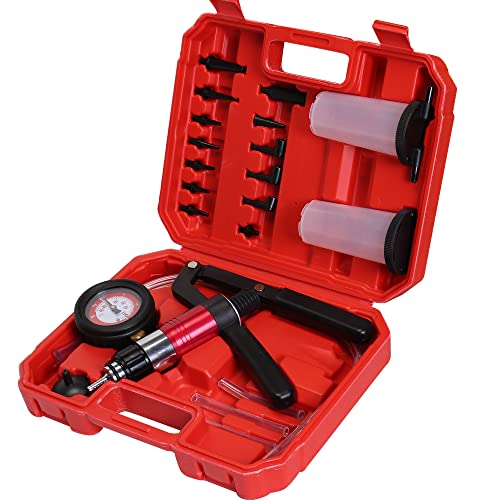 MOSTPLUS 21pcs Hand Held Vacuum Pump Tester & Brake Bleeder Kit with Adapters and 2 Reservoir Bottles Automotive Brake for Automotive, Gauge Adapters